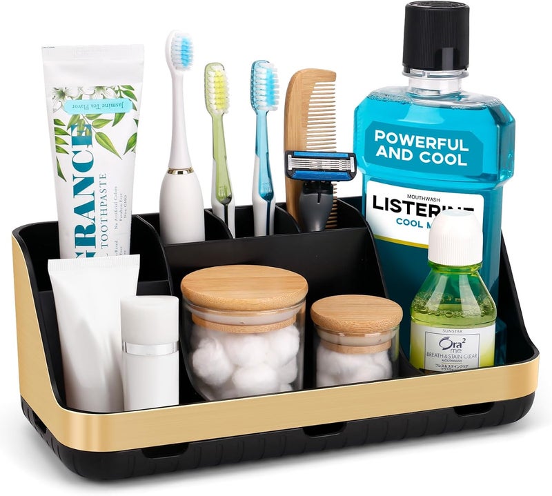 GFWARE Gold Toothbrush Holders for Bathrooms Countertop Organizer - Detachable 7 Slots Electric Toothbrush and Toothpaste Holder, Kids Organization and Storage, Restroom Accessories Vanity Stuff - Image 1